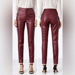 ZARA Burgundy Faux Leather High Rise Pants Women's‎ M Skinny Ankle Zip